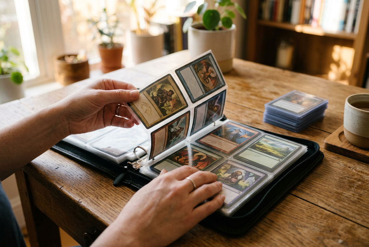 Een verzamelaar bladert door een map met trading cards aan een houten tafel.