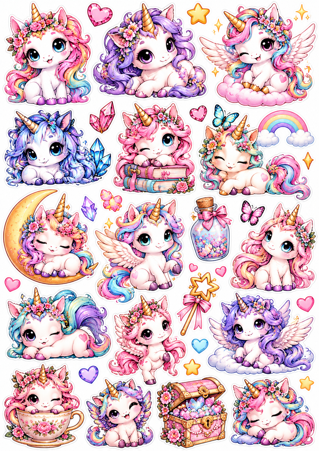 Kawaii Eenhoorn Stickerparadijs – Printbaar Stickervel | Digitale Download