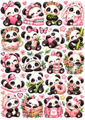 Kawaii panda-knipvel met zwart-witte panda’s, roze strikjes, hartjes, bloemen en speelse accessoires op een witte achtergrond.