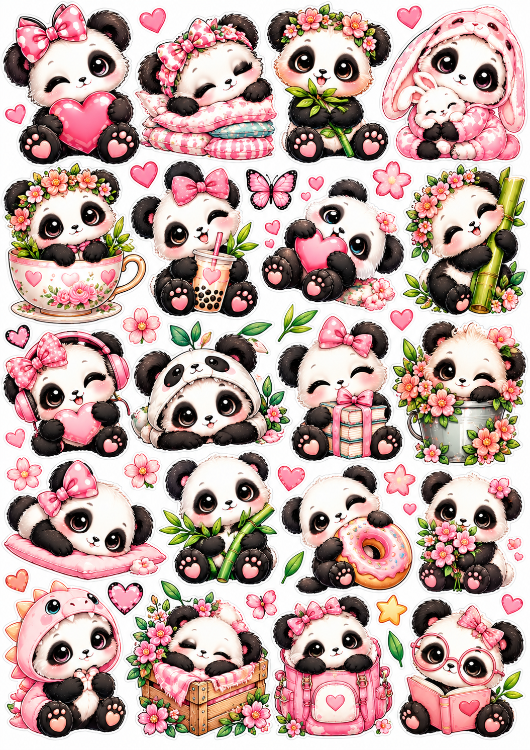 Kawaii panda-knipvel met zwart-witte panda’s, roze strikjes, hartjes, bloemen en speelse accessoires op een witte achtergrond.