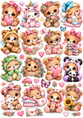 Kawaii teddyberen met strikjes, bloemen, hartjes en dierenpakjes op een wit printbaar stickervel.