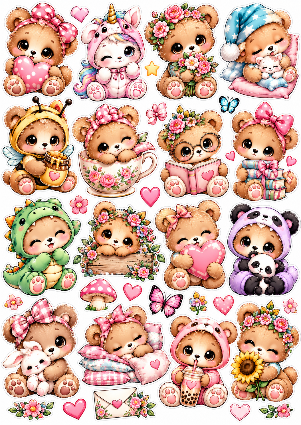 Kawaii teddyberen met strikjes, bloemen, hartjes en dierenpakjes op een wit printbaar stickervel.