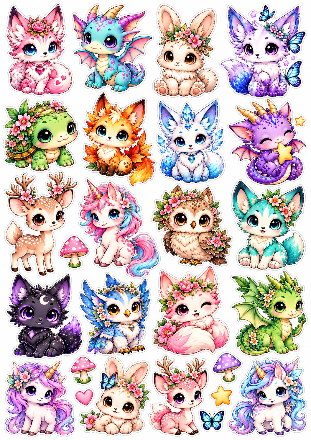 Kawaii fantasiedieren stickervel | Gratis download